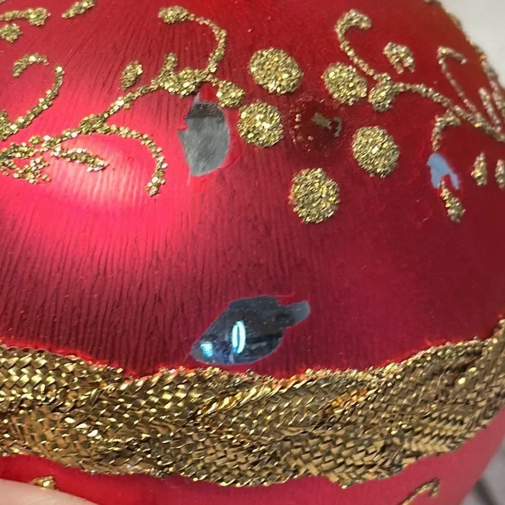Vintage Gold Red White Glass Ornaments set‎ of 6 Glitter Rhinestones